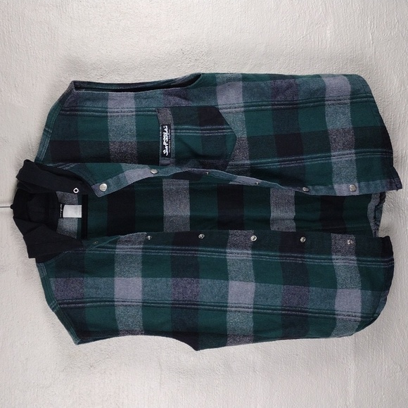 Surf Style Interplanetary Body Gear Green Windowpane Plaid Hooded Snap Up Vest - Picture 5 of 13